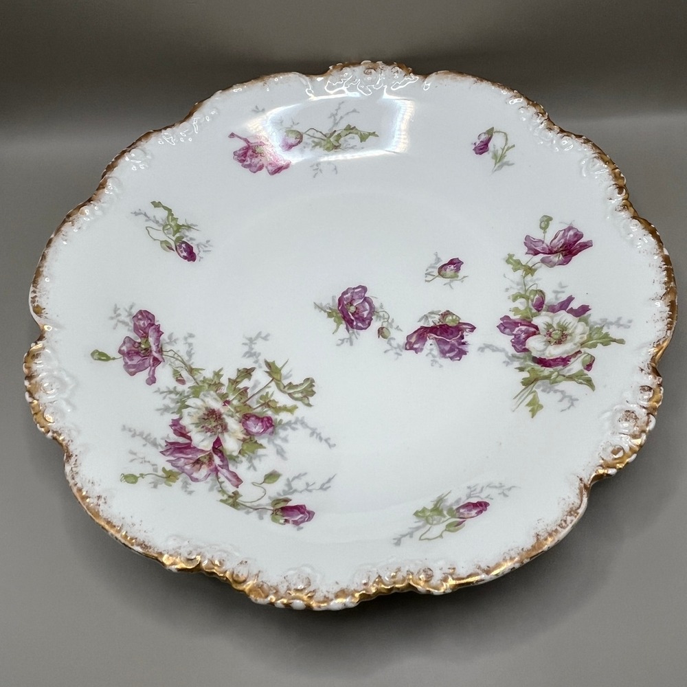 J. Pouyat Limoges Antique Porcelain Plate Purple Floral Gold Scalloped Rim 9.5in